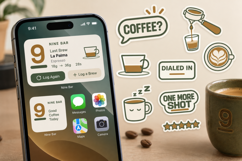 Nine Bar v1.4 promotional image featuring an iPhone with coffee widgets alongside coffee-themed Messages stickers, including espresso, latte art, “Coffee?”, “Dialed In,” and “One More Shot” designs.