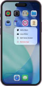 Nine Bar app icon Quick Actions menu on iPhone, offering shortcuts to Add a Bean and Log a Brew directly from the Home Screen.