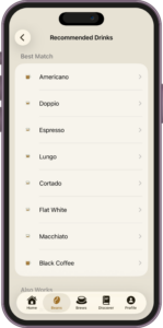 Nine Bar Recommended Drinks screen showing personalized coffee suggestions for a bean, with Americano, Doppio, Espresso, Lungo, Cortado, Flat White, Macchiato, and Black Coffee listed as best matches.