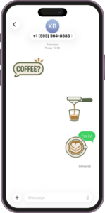 Nine Bar coffee stickers shared in an iMessage conversation, including a “COFFEE?” speech bubble, espresso pour, and latte art stickers.